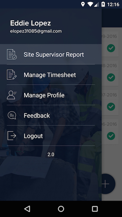 navigation section of the job reporting mobile app