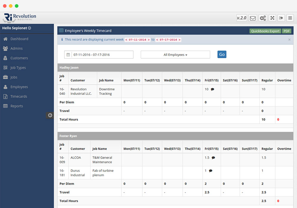 employee’s weekly timecard of job reporting software