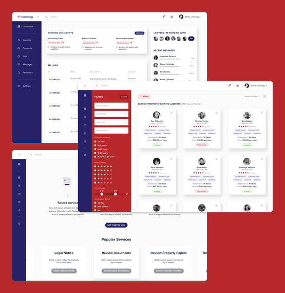 Screenshots of Taxolawgy a Legal and Financial Services Marketplace Web app